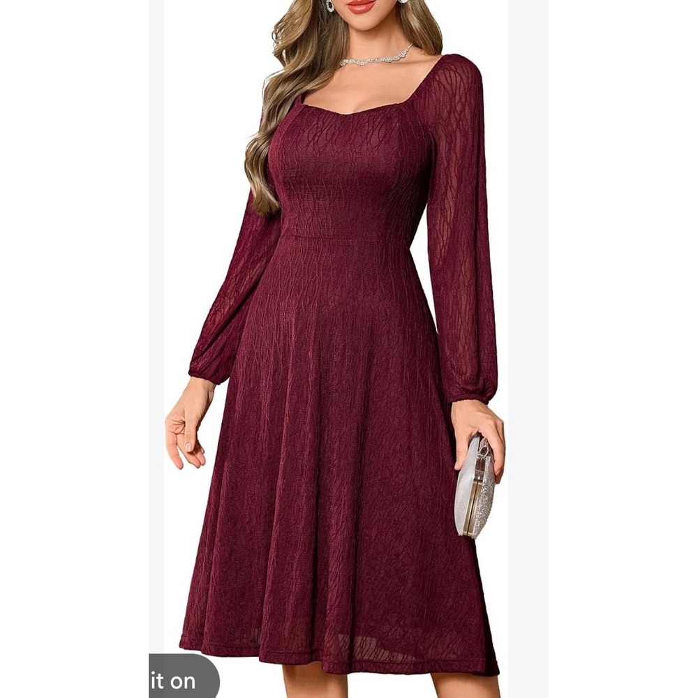 Bbonlinedress Burgundy Textured Midi Dress Square Neck Sheer Long Sleeve Size M